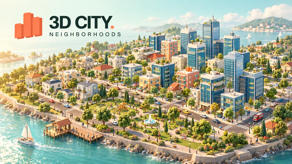 3D City: Neighborhoods gameplay — a living island city of suburbs, residential blocks and glass towers