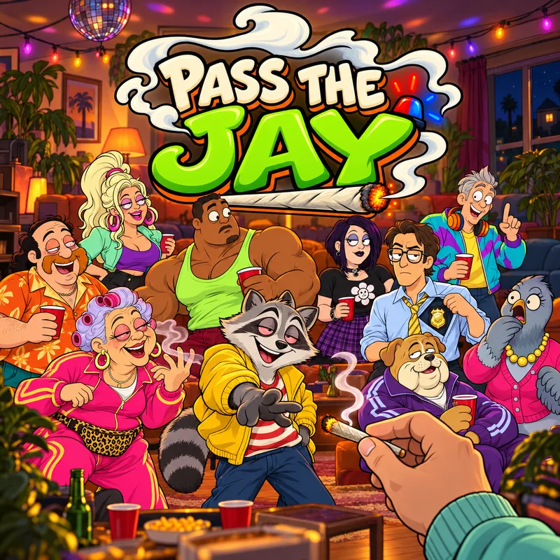 Pass the Jay gameplay — house party with ten guests and one undercover cop