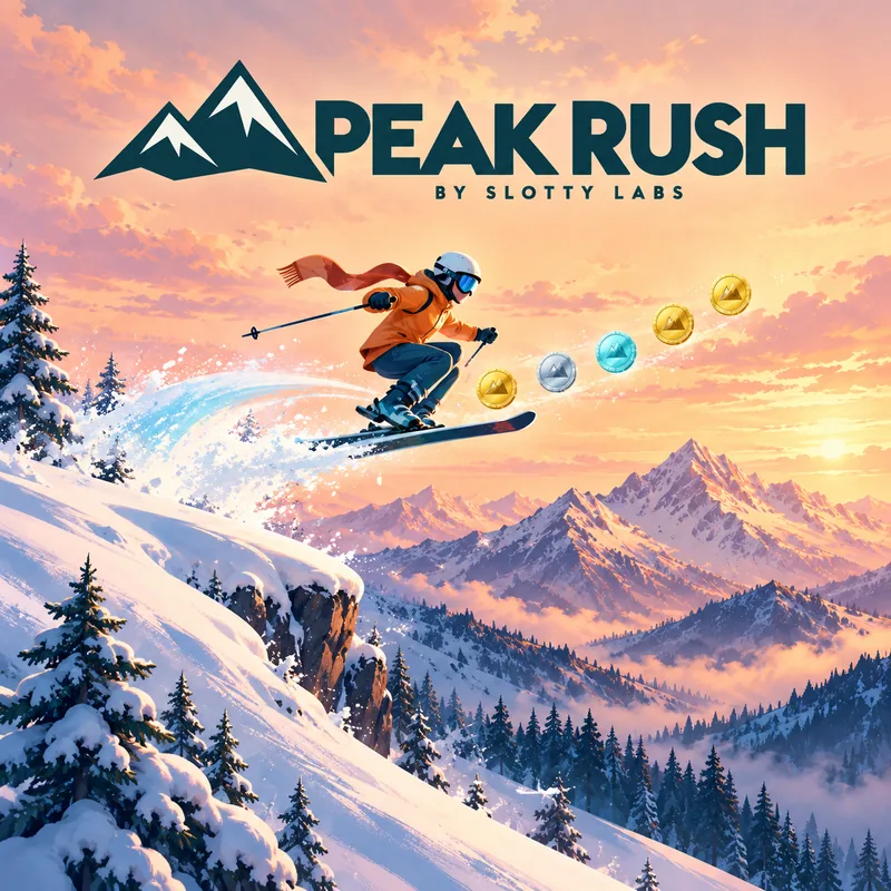 Peak Rush — a skier launches off the ridge toward an arc of coins