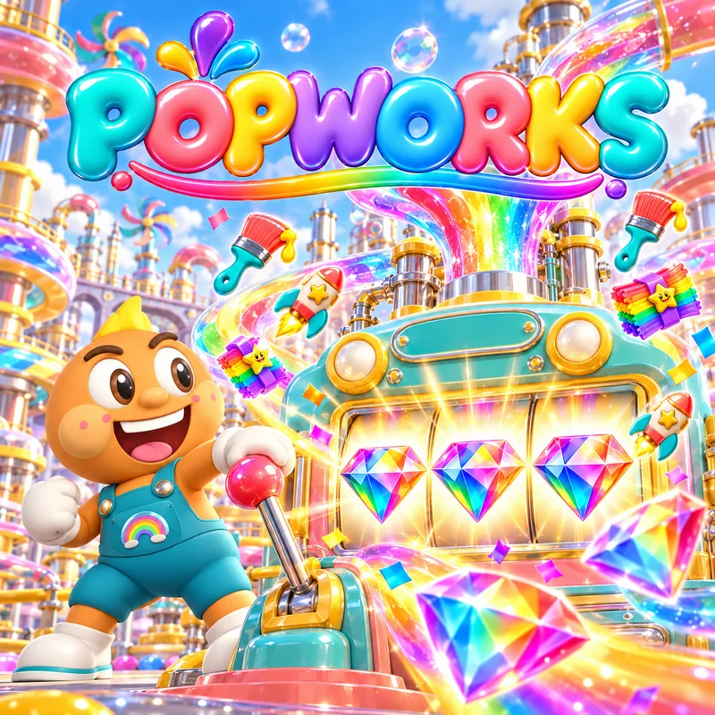 Popworks — Pip the foreman at the lever of the rainbow-factory slot
